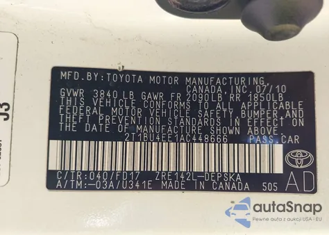 2010 Toyota Corolla S из США, поврежденный, VIN 2T1BU4EE1AC448666